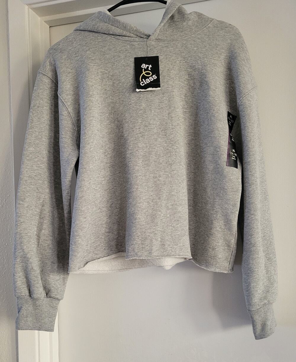 Art Class Girls XL 14/16 Gray Cropped Hoodie Raw Hem Pullover Sweatshirt NWT